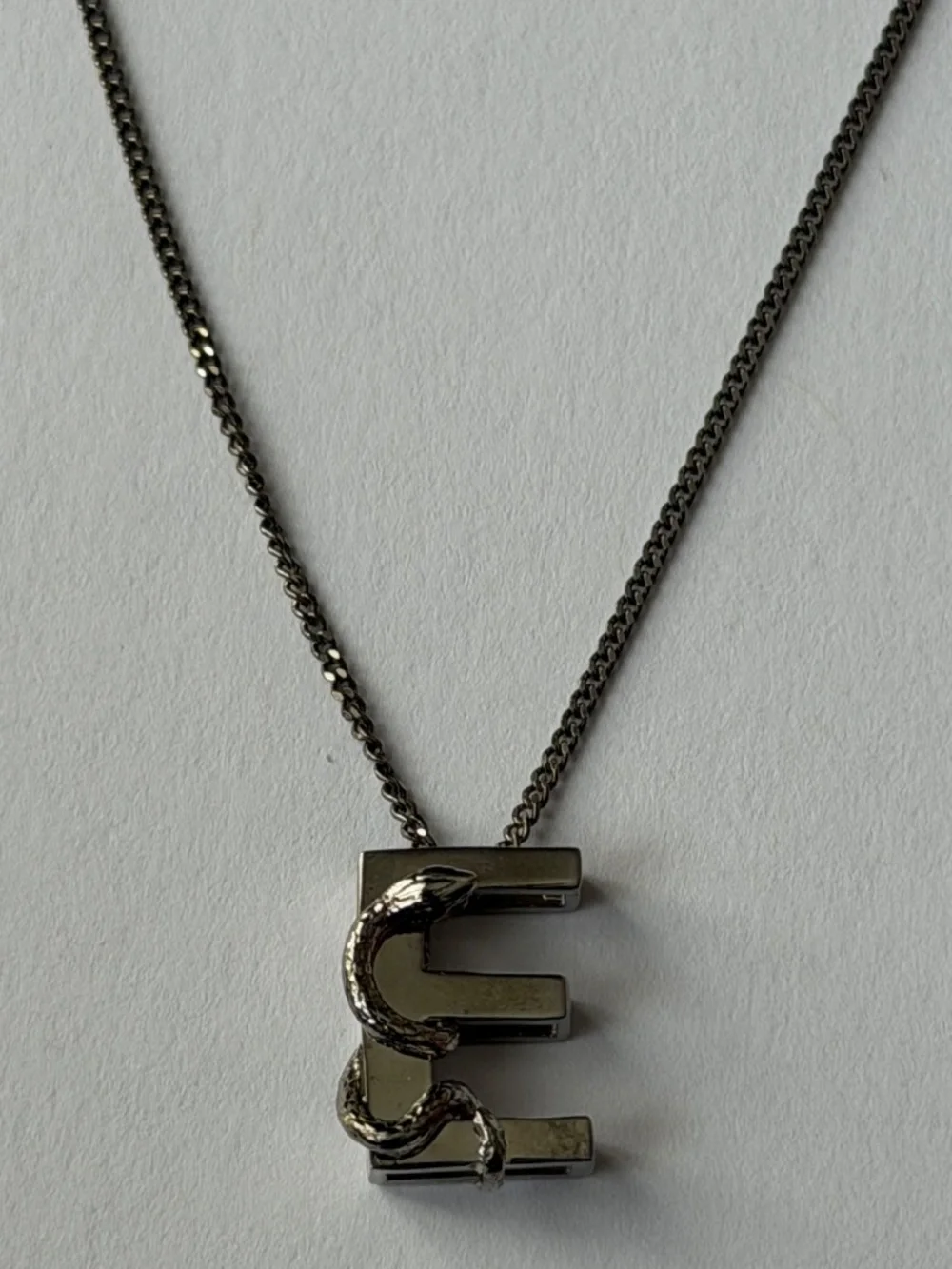 Saint Laurent YSL Sterling Silver E Initial Letter Snake Pendant Chain Necklace